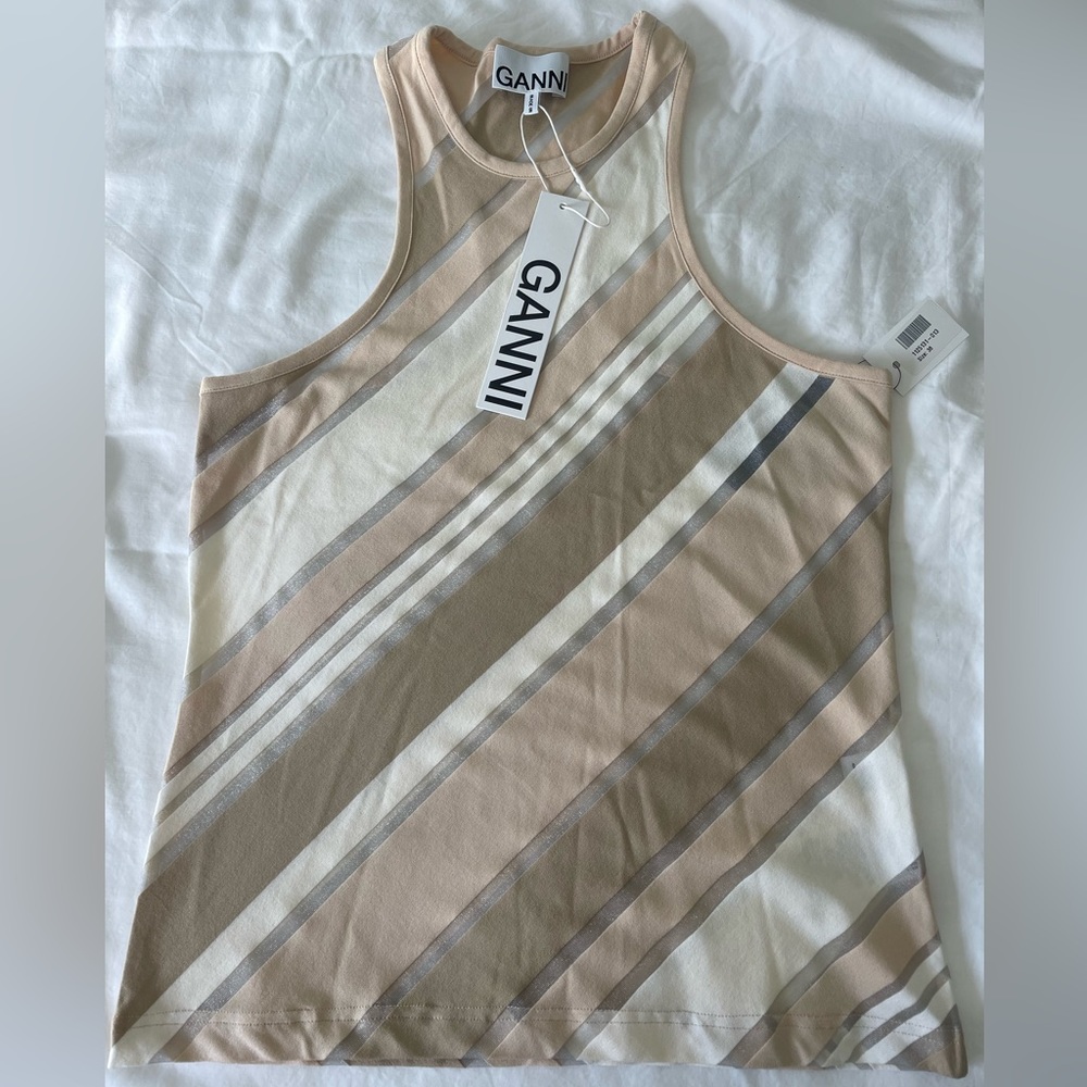 NWT GANNI Striped Stretch Jersey And Tulle Tank 38
